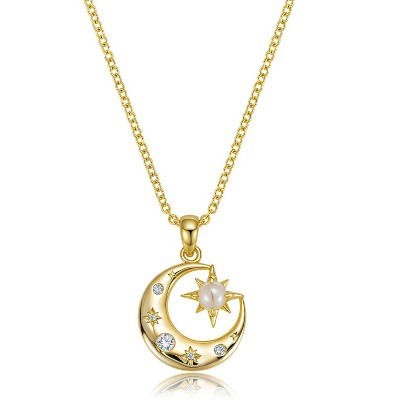 Molenia Sun Moon Star Necklace for Women: 14K Gold Plated Gemstone Crescent Pendant Celestial Necklace Trendy Dainty Jewelry Birthday Anniversary