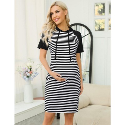 Womens Casual Long Sleeve Maternity Dress Pocket Knee Length Breastfeeding Nursing Hooded Pregnancy Dress