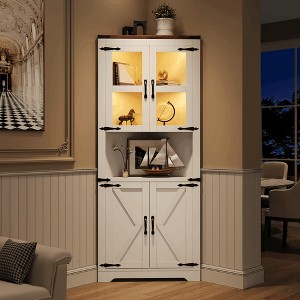67" Tall Corner Storage Cabinet with Lights, Farmhouse Corner Hutch Display Cabinet with Glass Doors - 1 of 4