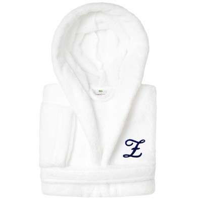 Personalized Linum Kids 100% Polyester SUPER PLUSH Double Brushed Hooded Bathrobe in Navy Script Font