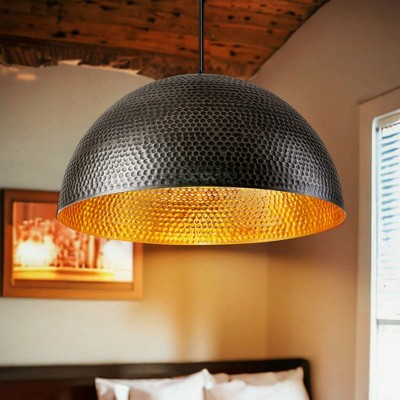 Rennnsan Grainor 15"-23" W 1 -Light Gold Foiled Dimmable Oversized Industrial Dome Pendant in Black
