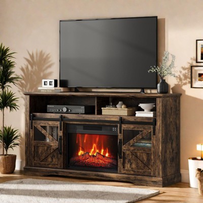 Homhougo Electric Fireplace TV Stand for 65 Inch TV，Farmhouse Entertainment Center with Storage Cabinets Brown