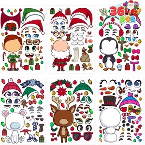 Joyfy Kids Party Favor Supplies Craft, 36 PCS Make-a-Face Sticker Sheets for Christmas Elf, Santa, Snowman, Penguin and Polar Bear - 1 of 4