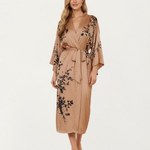 Anna-Kaci Lounge Women's Long Satin Floral Print Robe with Waist Tie and Wide Sleeves - 1 of 4