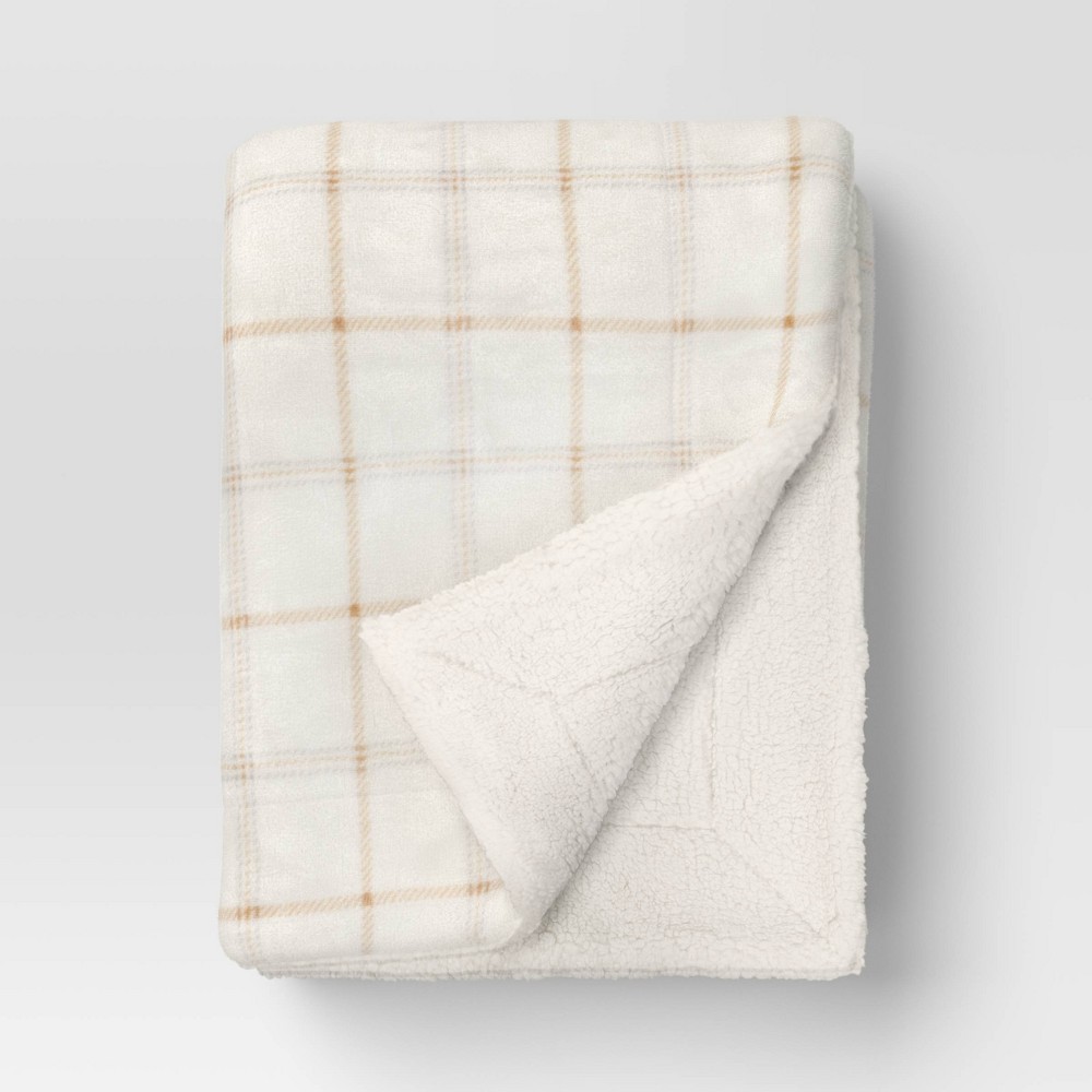 50"x60" Plaid Printed Plush Throw Blanket Faux Shearling Reverse Ivory/Gray/Tan - Threshold™: Lightweight, Knitted, OEKO-TEX Certified
