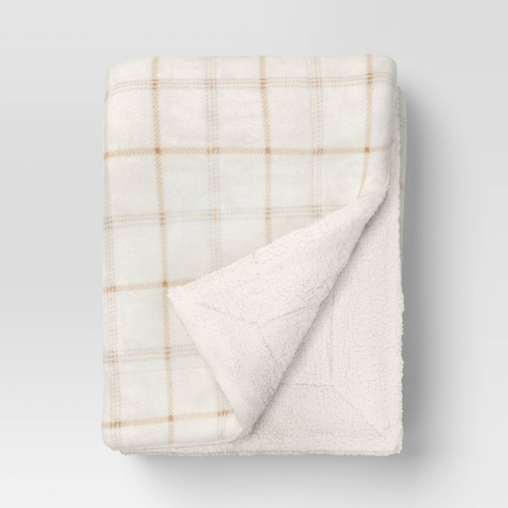 Photos - Duvet Plaid Printed Plush Throw Blanket Faux Shearling Reverse Ivory/Gray/Tan 