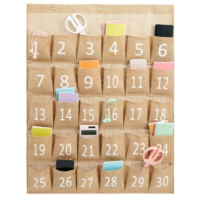 Juvale 30-Row Burlap Cell Phone Holder for Classroom, Numbered Hanging Pocket Organizer for Phones, Calculator Caddy, Farmhouse Design, 23x31 In