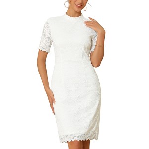 INSPIRE CHIC Women's Lace Sheath Formal Mock Neck Short Sleeves Evening Dresses - 1 of 4