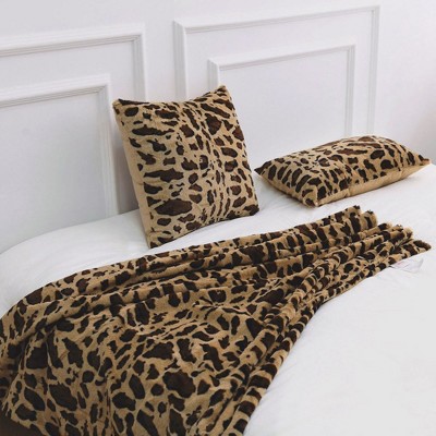 Set of 2 Brown Leopard Print Faux Fur Throw Pillows
