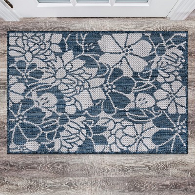 Navy Floral 5' x 7' Synthetic Flat Woven Reversible Rug