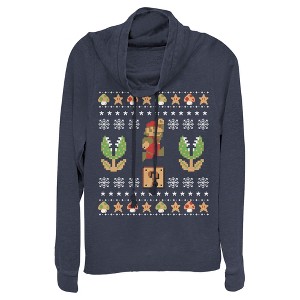 Juniors Womens Nintendo Ugly Christmas Mario Question Cowl Neck Sweatshirt - 1 of 3