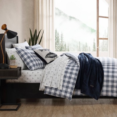 Navy Blue Plaid Cotton Full/Queen Duvet Set with Shams