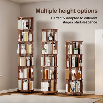 Lycvki Round Walnut Wood Rotating Bookshelf on Wheels for Small Space