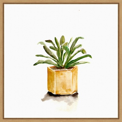 Potted Botanicals II Green Plant in Yellow Pot Canvas Art with Maple Frame