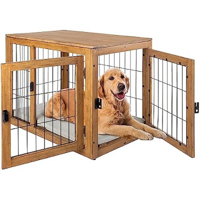 Furniture-Style Dog Crate - Acacia Wood Kennel for Large Dogs with Double Doors and Cushion - Dog Kennel Furniture by PETMAKER (Natural)