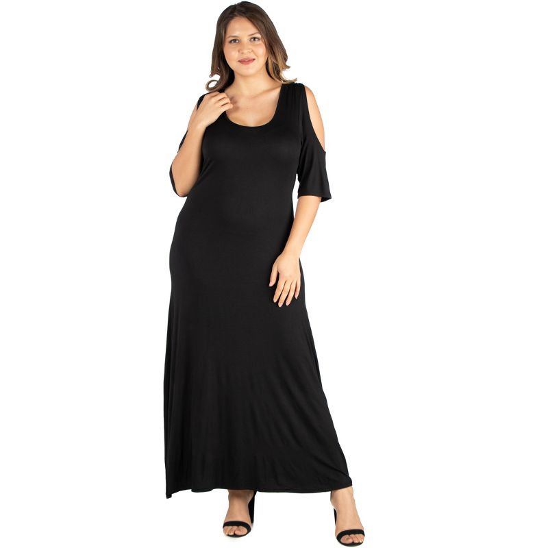 24seven Comfort Apparel Elbow Length Sleeve Cold Shoulder Plus Size Maxi Dress, 1 of 5