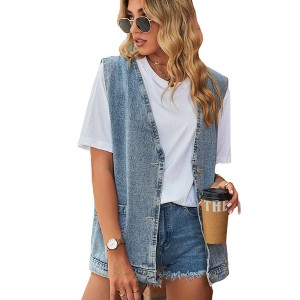 Coolmee Women's Casual Denim Jean Vest Sleeveless Mid Long Button Down Jeans Jackets Vests Waistcoat - 1 of 4