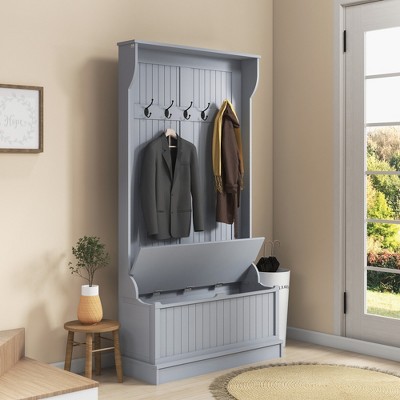 Gray Engineered Wood Hall Tree with Storage Bench and Metal Hooks