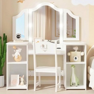 Kids Vanity Set with Lights & Storage, Wooden Table & Chair, Detachable Tri-Fold Mirror for Girls - 1 of 4
