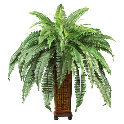 Nearly Natural Boston Fern w/Wood Vase Silk Plant