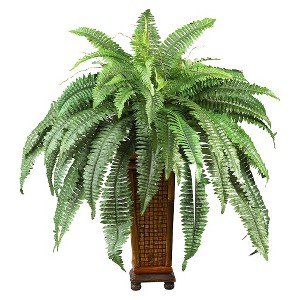 Nearly Natural Boston Fern w/Wood Vase Silk Plant: Indoor Polyester Faux Floral, Styrofoam Filler, Summer Decor - 1 of 3