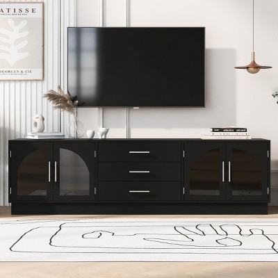 White Entertainment Center For TVs Up To 75 Inch,68''Modern Minimalist TV Stand With Adjustable Shelves,Arched Glass Doors-Maison Boucle