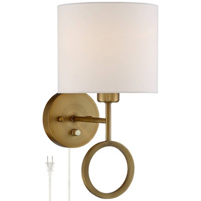 360 Lighting Wall Lamp Plug In Warm Brass Ring White Drum Shade for Bedroom Living Room Reading