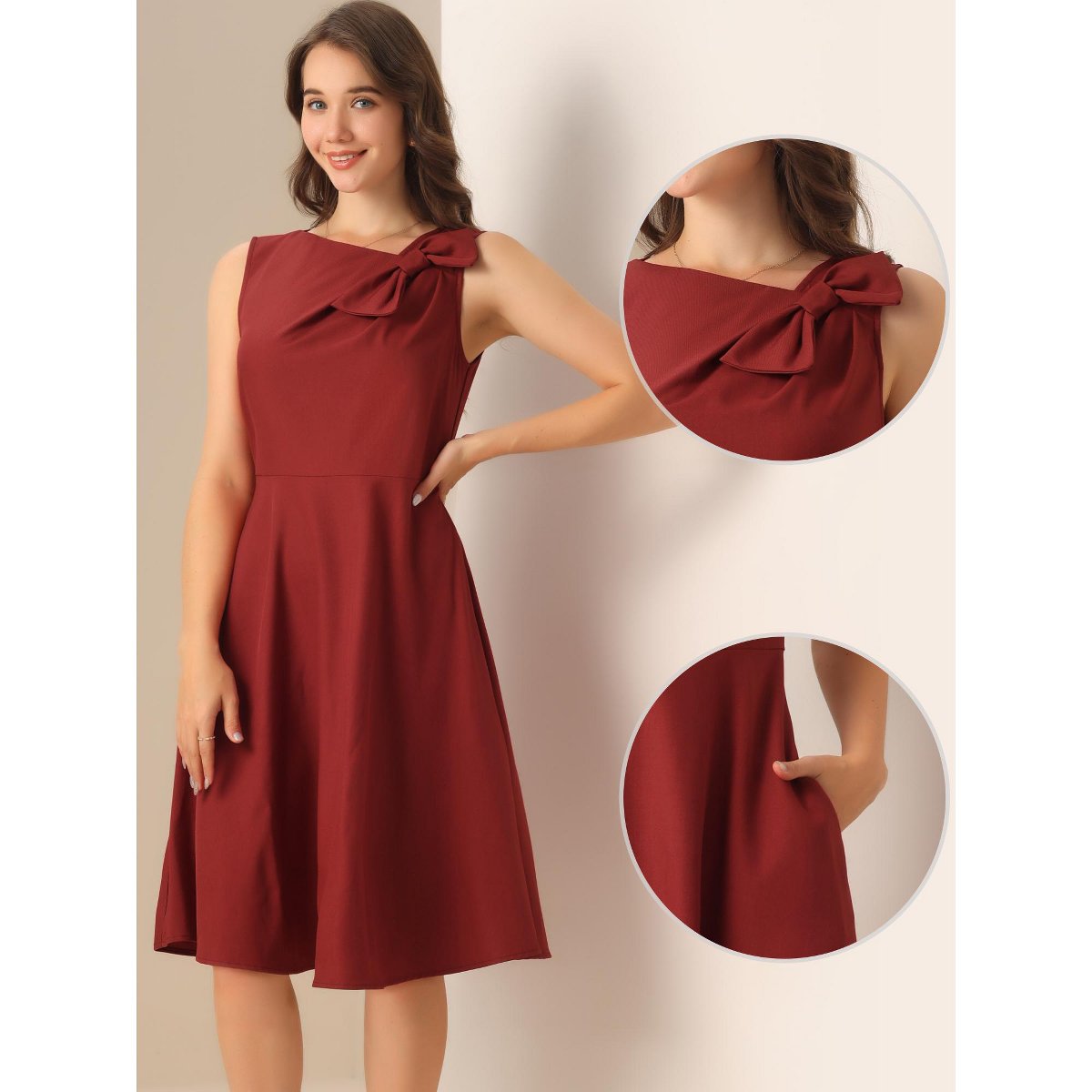 Женские платья INSPIRE CHIC Women's Elegant Flared Sleeveless Midi Evening Cocktail Dresses Small Wine Red — фото 2