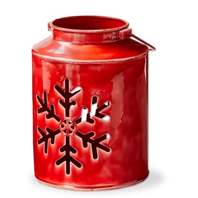 tag Red Snowflake Enamel Lantern - Small Candle Holder for Pillar Candles, 6x6x8 in, Perfect for Christmas Decor