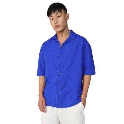 Campus Sutra Men Men's Royal Blue Textured Geometric Oversized Shirt