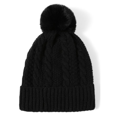 Women s Solid Color 100 Acrylic Cable Knit Hat With Pom And Fleece Lining Target