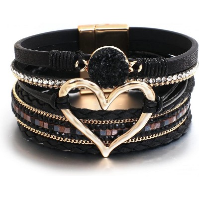 Leather Wrap Bracelet with Heart-Shape Decor & Crystal Beads, Bohemian Cuff Bangle for Women & Girls