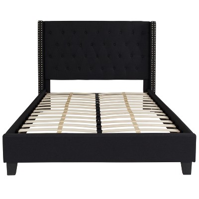 Elegant Full-Size Black Upholstered Platform Bed with Nailhead Trim