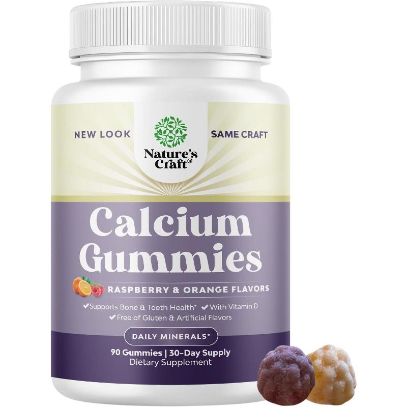 High Absorption Calcium Gummies for Adult + Vitamin D3, Chewable Calcium + Vitamin D Supplement for Bone Health & Immune Support, Nature's Craft, 90ct, 1 of 5