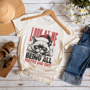 Grumpy Christmas Cat T‑Shirt, Funny Santa Hat Holiday Lights Tee for Sarcastic Festive People Natural XS - 1 of 4