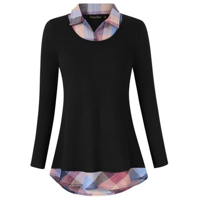 Women's Contrast Collared Shirts Patchwork Work Blouse Tunics Tops
