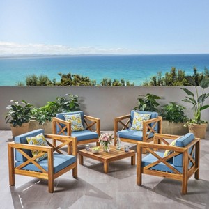 Christopher Knight Home Brava Outdoor Acacia Wood 4 Seater Club Chair Chat Set with Cushions - 1 of 4