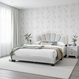 Royal Hampton Queen Size Bed, Classic White Wool Upholstery and LED, Glam Arch - 1 of 4