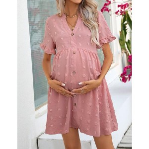 Womens Maternity Dress Swiss Dot V Neck Short Sleeve Button Down Summer Casual Baby Shower Mini Dresses - 1 of 4