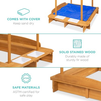 Natural Fir Wood Kids Sandbox with UV-Resistant Canopy and Benches