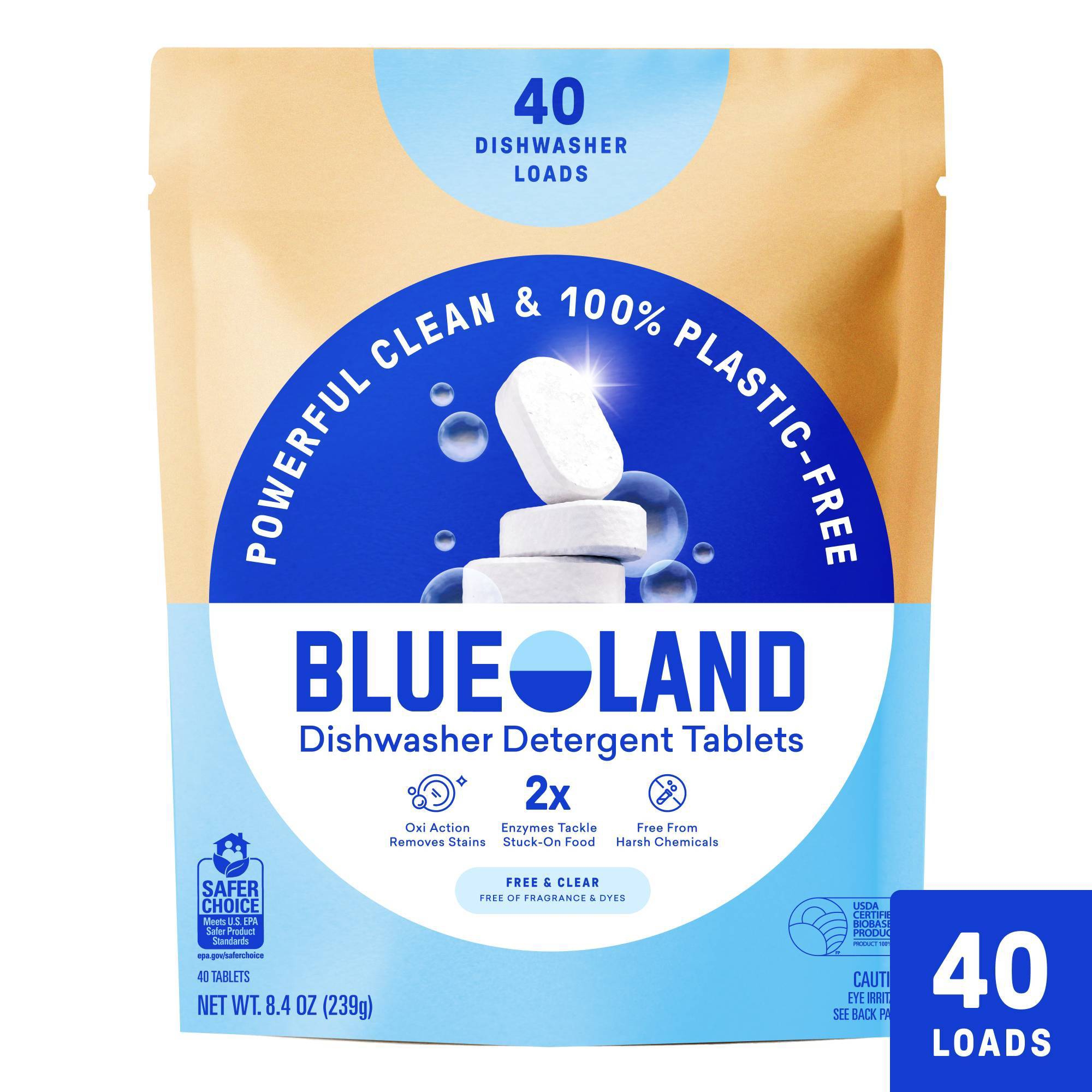 Blueland Fragrance Free Dishwasher Detergent Tablets - 9.5oz/40ct: Hypoallergenic, Vegan, Bleach-Free
