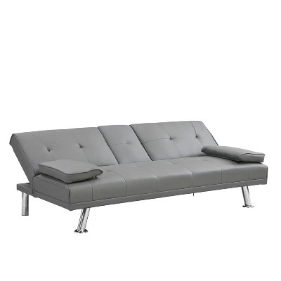66'' Sofa Bed with Armrest two holders WOOD FRAME, STAINLESS LEG, FUTON GREY PVC