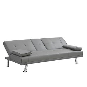 66'' Sofa Bed with Armrest two holders WOOD FRAME, STAINLESS LEG, FUTON GREY PVC - 1 of 4