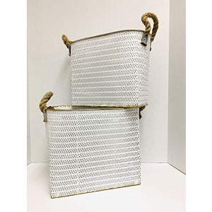 TX USA Corporation Painted White Embossed Metal Bins with Decorative Jute Handles - Set of 2 - 1 of 2