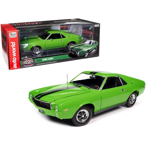 1969 AMC AMX Big Bad Lime Green with Black Stripes MCACN American Muscle Series 1 18 Diecast Model Car by Auto World