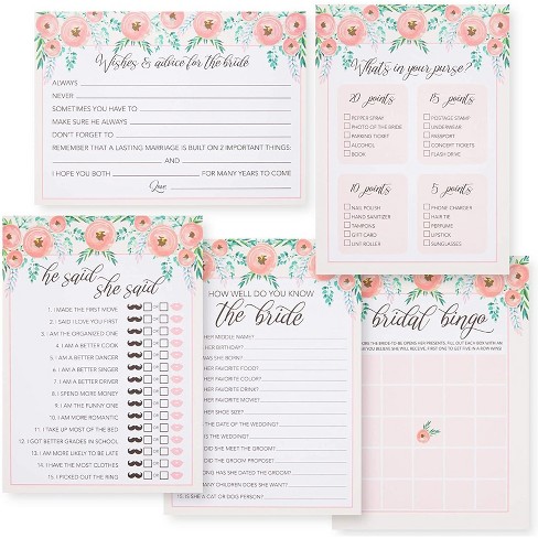Blue Panda Set of 5 Pink Floral Bridal Shower Games for 50 Guests, Engagement Party Activities, 5 x 7 In - image 1 of 4