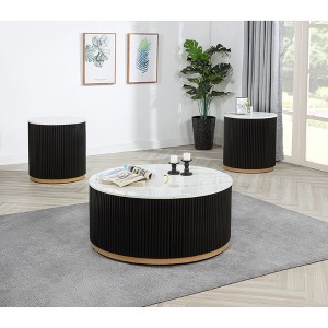 Wood Round 3-Piece Cocktail Set with Marble-Inspired Top, Reeded Base and Gold-Finished Foundation for Living Room - 1 of 4