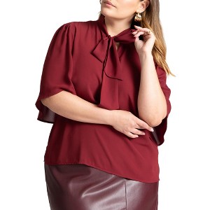 ELOQUII Women's Plus Size Bow Blouse With Flutter Sleeve - 1 of 4
