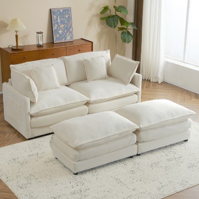 Whisen 75" Modern Design Sofa Couch, Large Loveseat Sofa with 2 Movable Ottomans and Side Storage Pockets