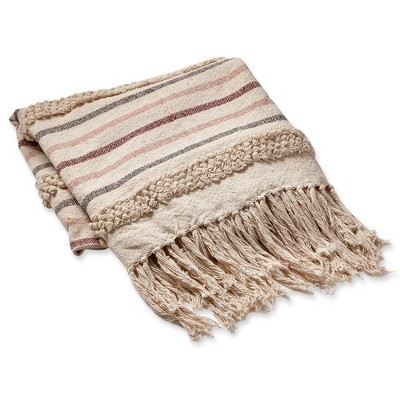 tagltd Earth Stripe Cotton Decorative Throw for Sofa or Bed, Natural tones with Fringe, 50L x 60W in.